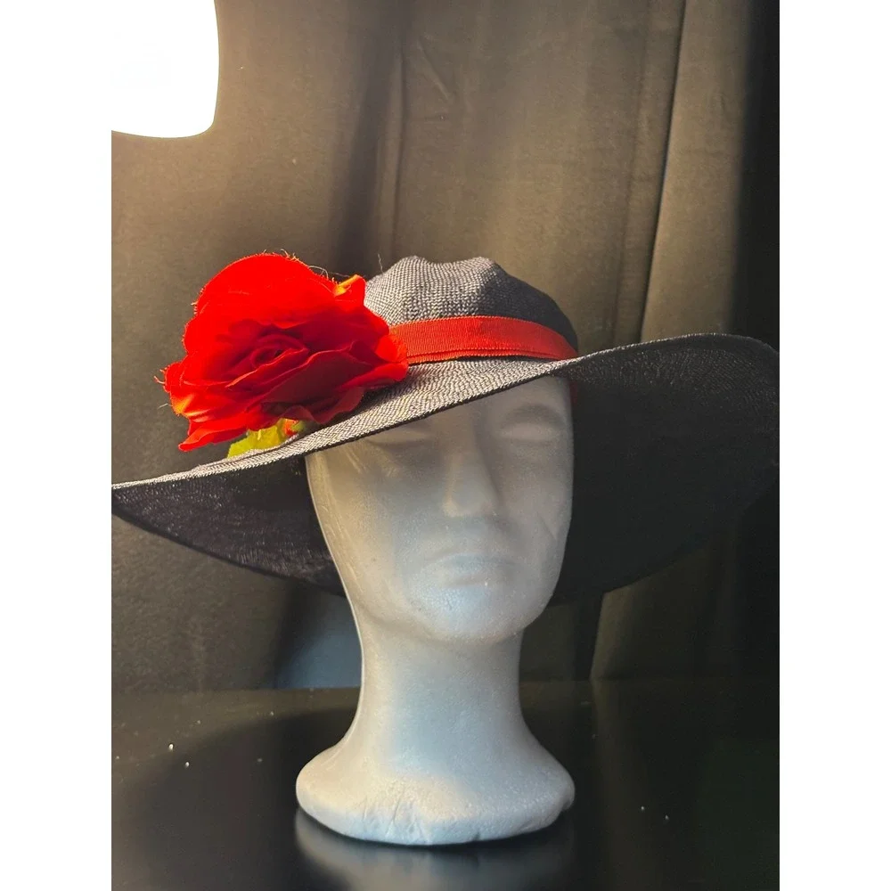 Career Collection Navy Blue Wide Brim Sun Hat Red Rose Accent Straw Style Hat